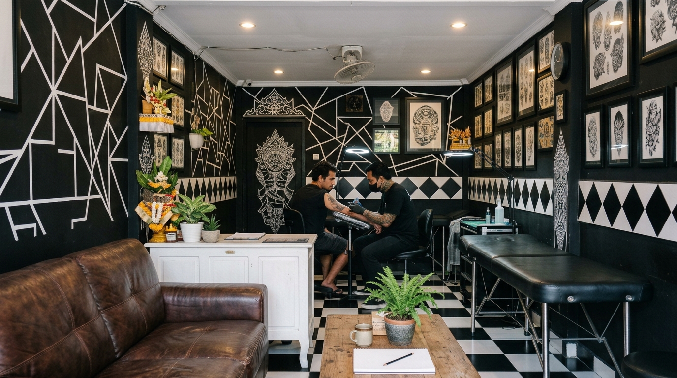 Clean professional tattoo studio in Bali with artist portfolio and sterile workstation
