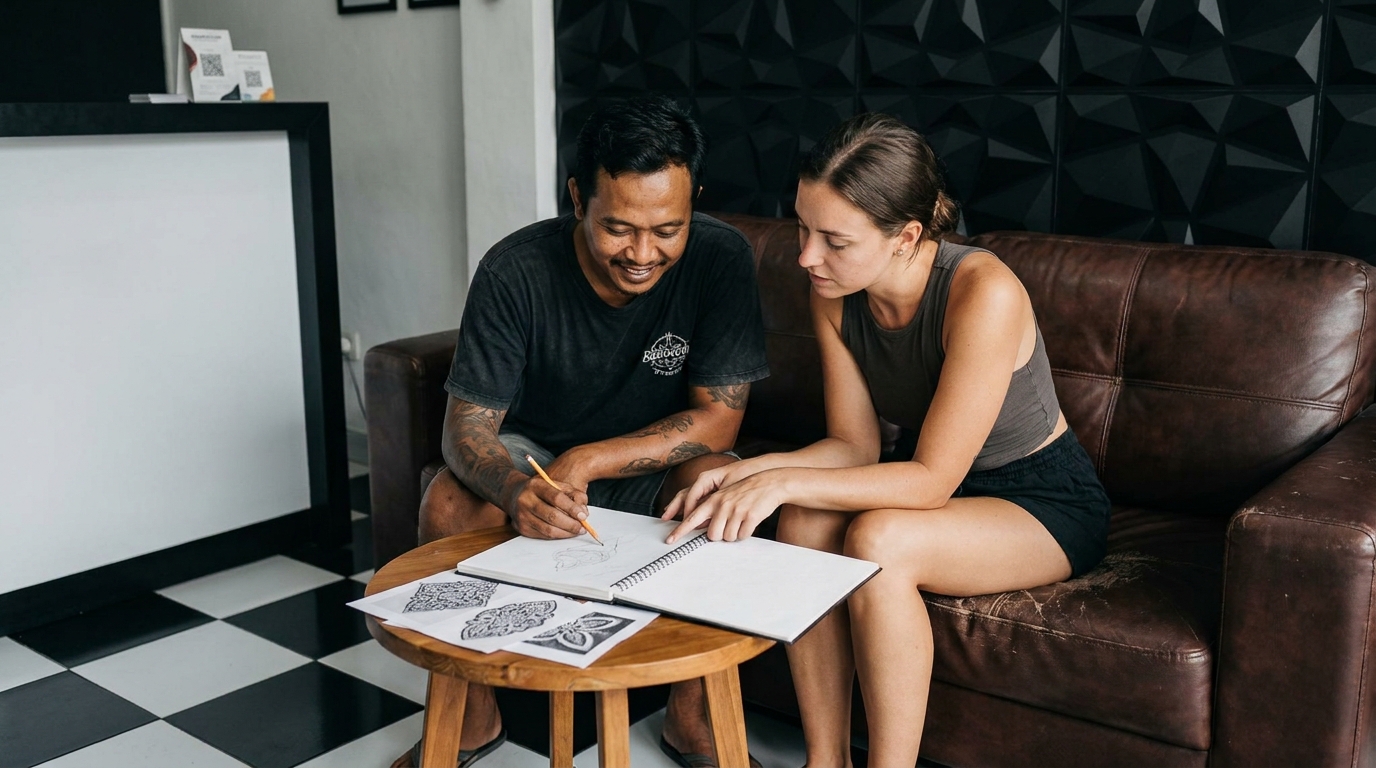 Tattoo artist developing a custom ornamental design with a client in Bali