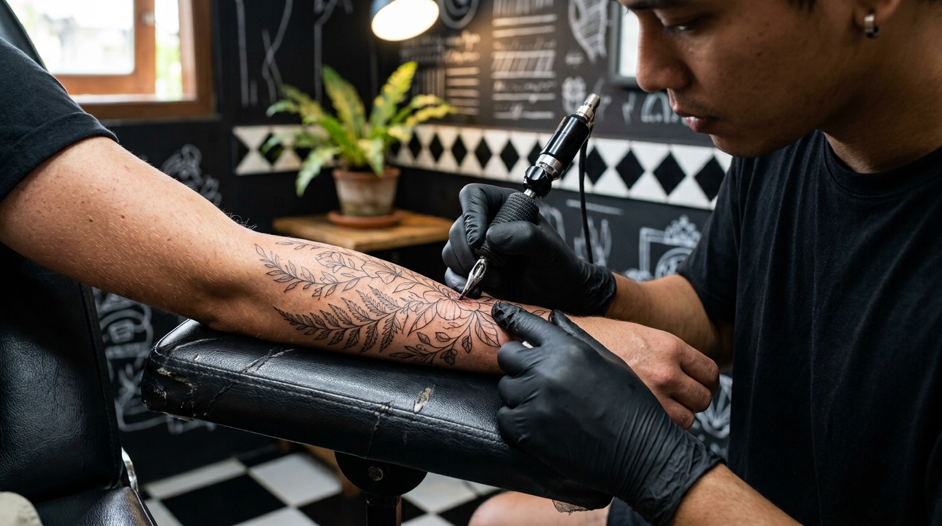 Fine line botanical tattoo stencil consultation at a professional Bali studio