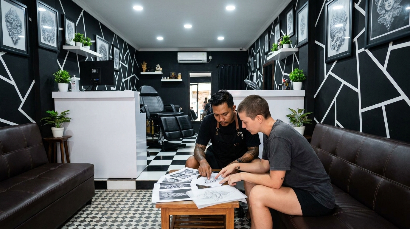International traveller discussing tattoo preparation with an artist in Bali