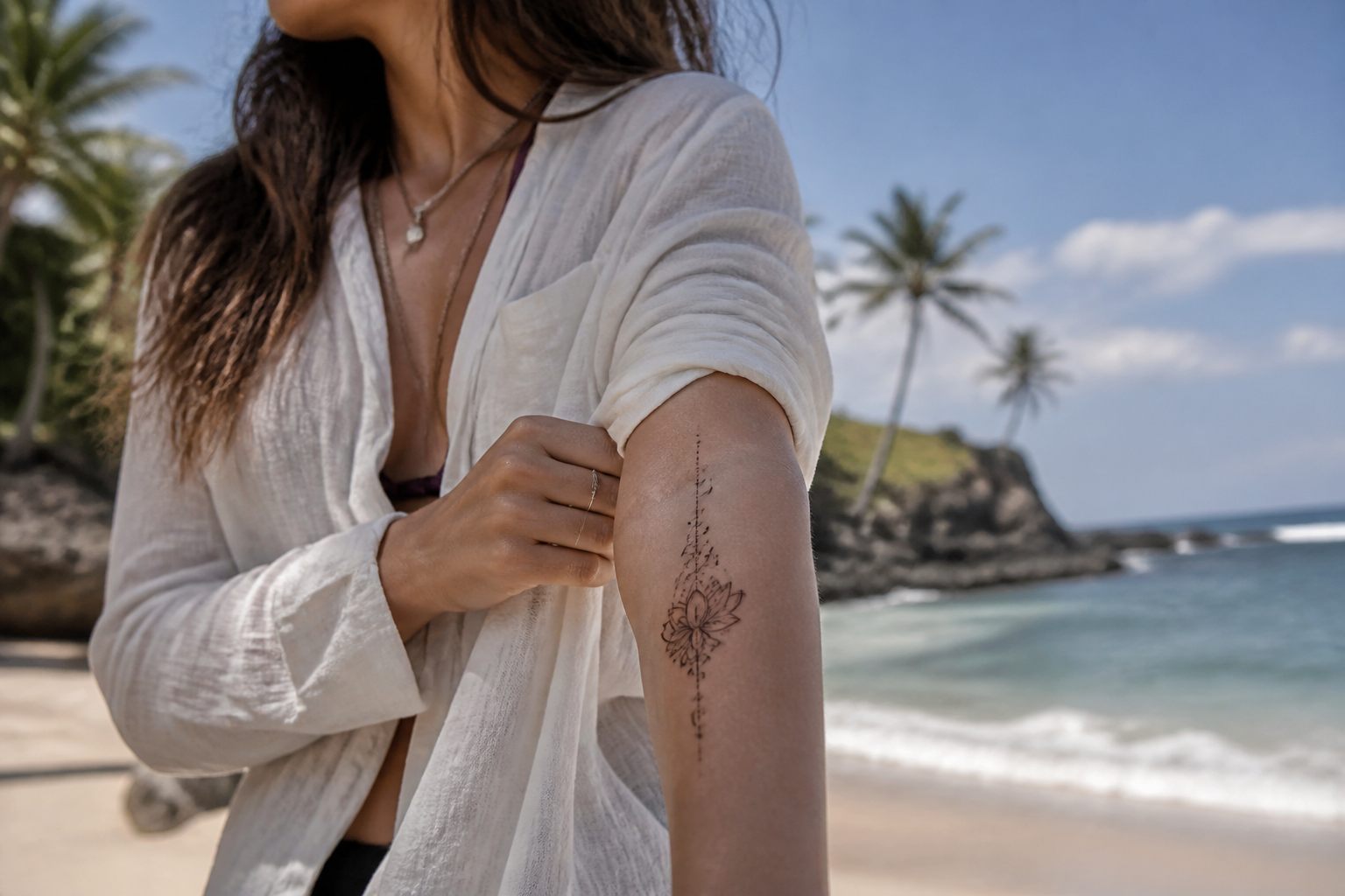 Traveller resting near a Bali beach with a freshly tattooed arm kept dry and loosely covered
