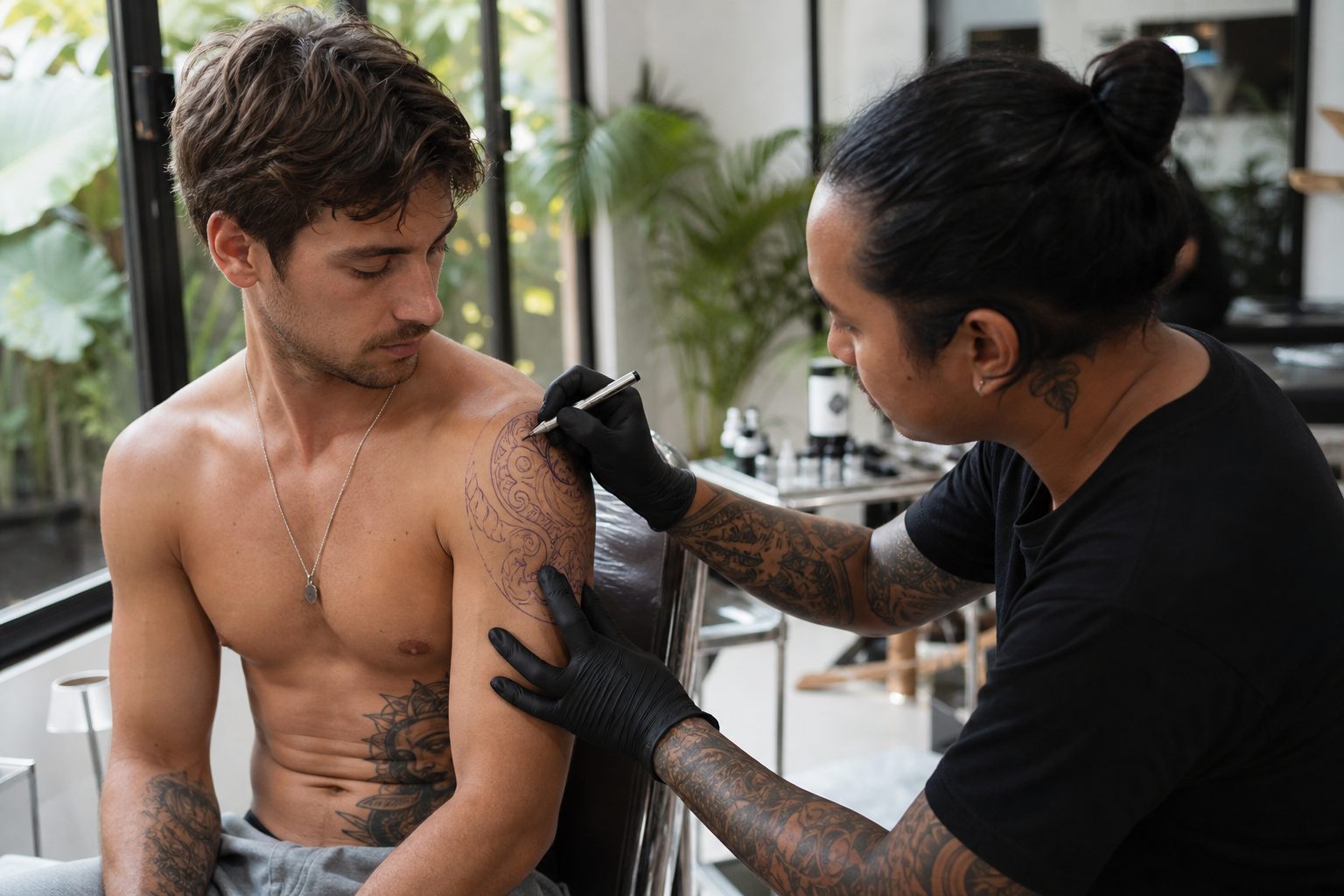 Tattoo artist marking placement on a client’s arm during a calm Bali studio consultation
