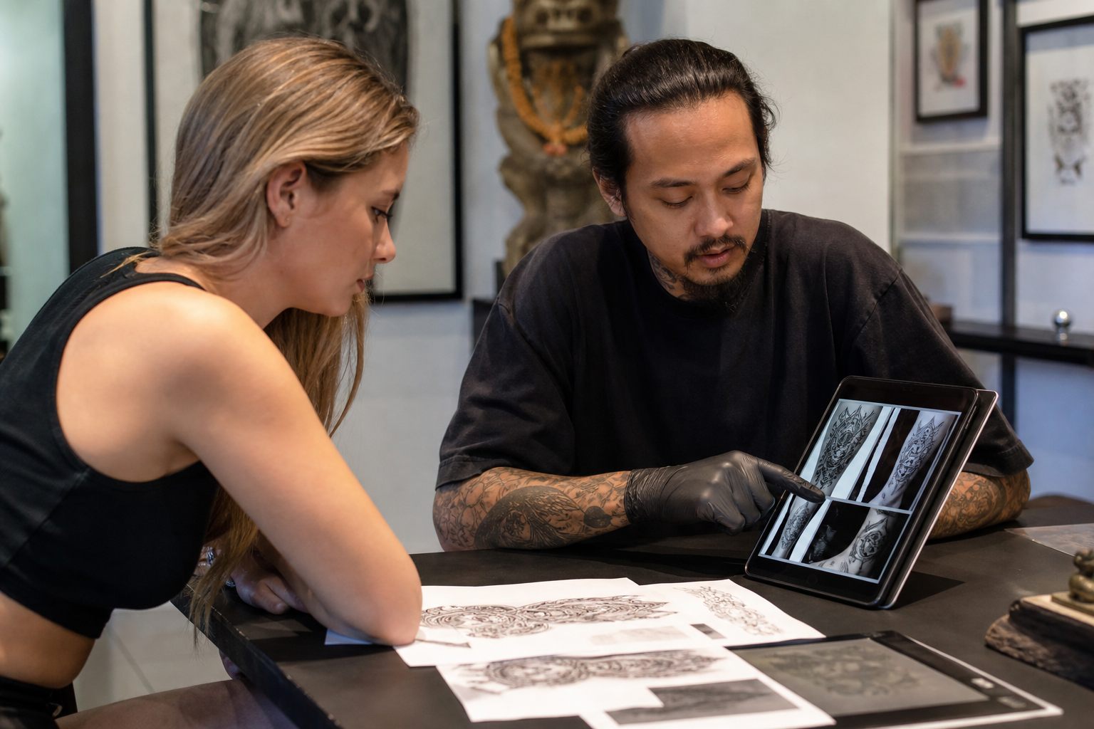 Client and tattoo artist reviewing design size and references during a pricing consultation in Bali