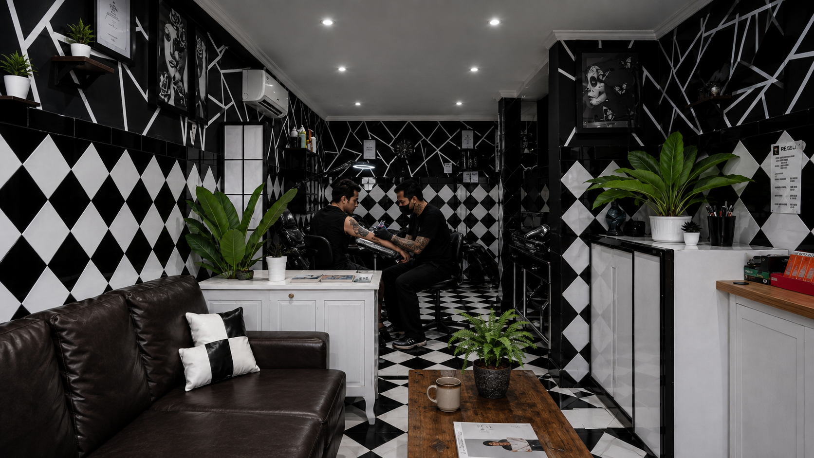 Clean professional tattoo studio in Bali with artist portfolio and sterile workstation