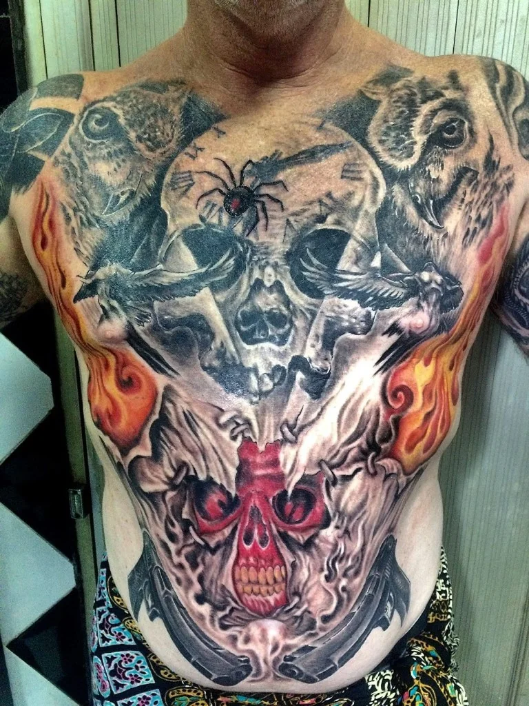 Black and Grey Skull Owl Chest Detail — Black & Grey tattoo at Bali Family Tattoo Studio, Bali