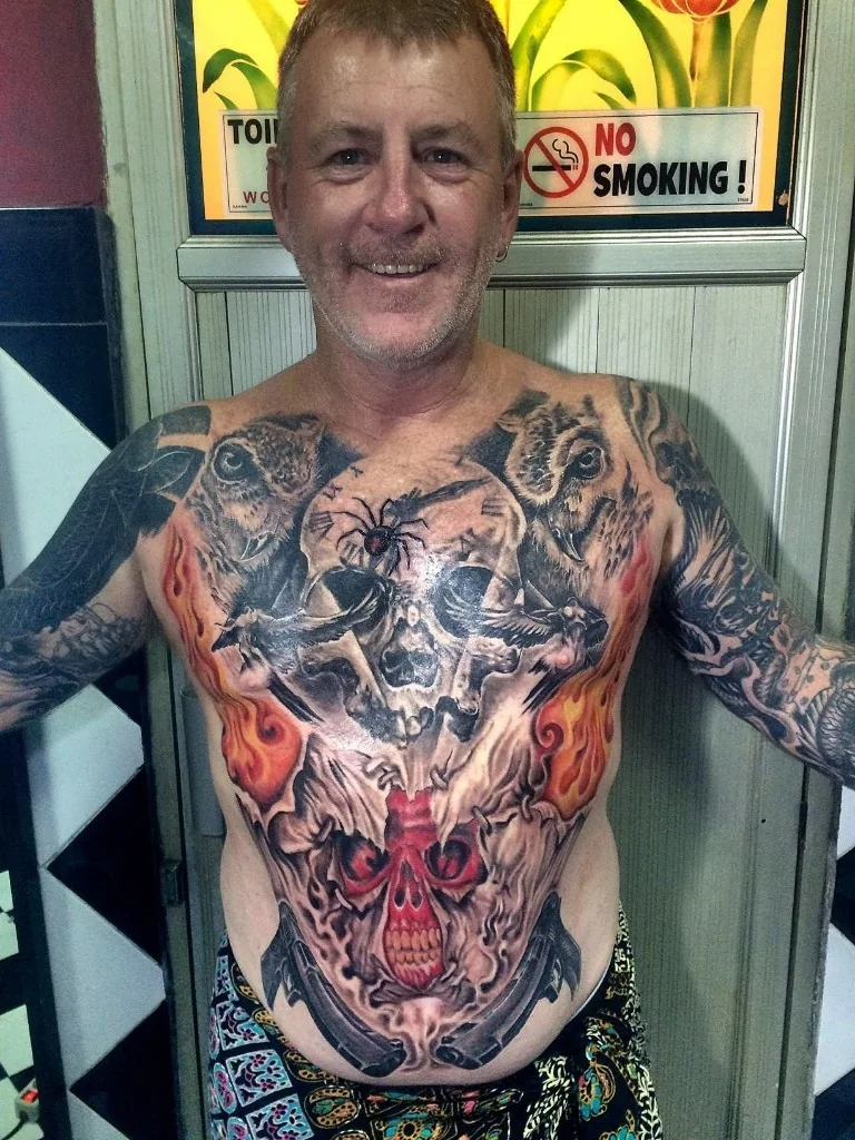 Black and Grey Skull Owl Chest Piece — Black & Grey tattoo at Bali Family Tattoo Studio, Bali
