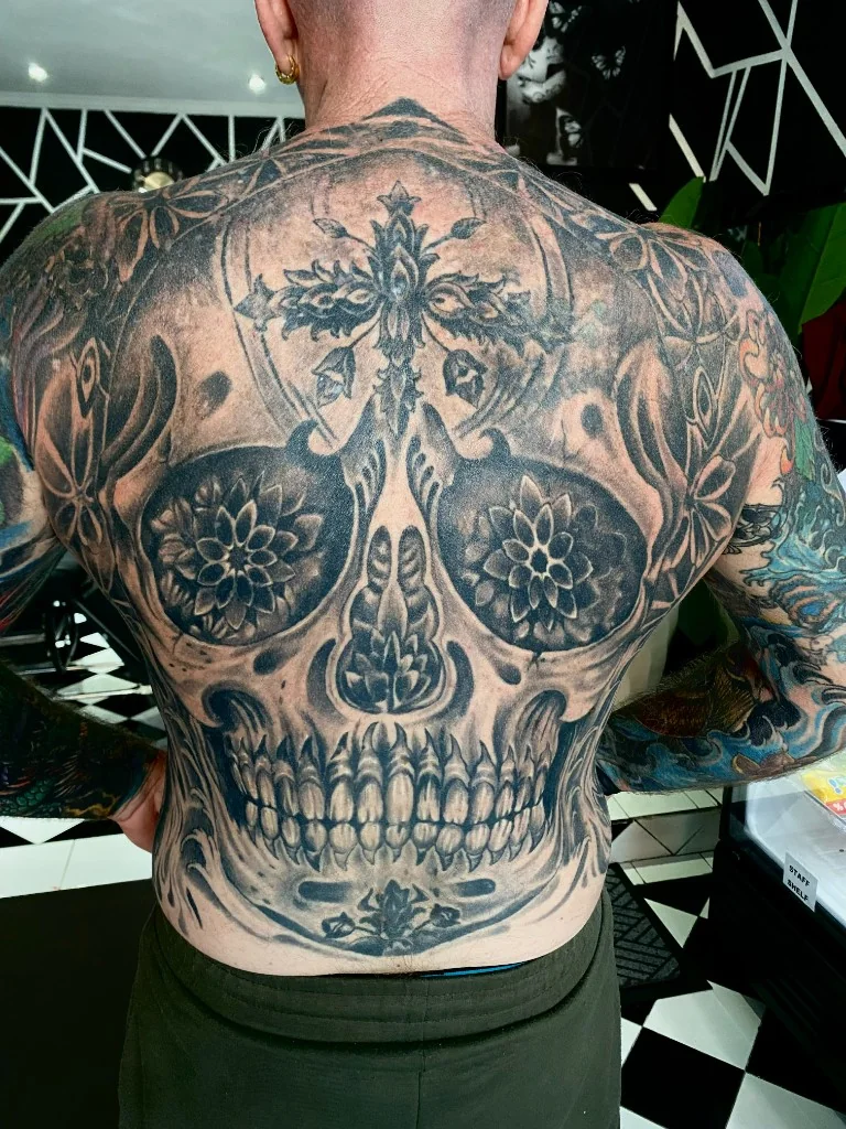 Black and Grey Sugar Skull Back Piece — Black & Grey tattoo at Bali Family Tattoo Studio, Bali