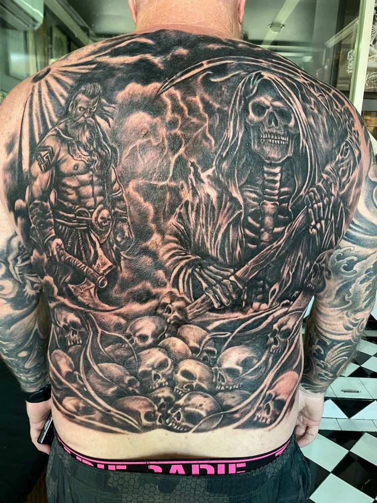 Black and Grey Viking Reaper Back Piece — Black & Grey tattoo at Bali Family Tattoo Studio, Bali