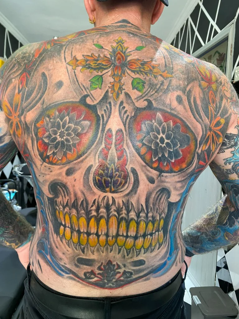 Color Sugar Skull Back Piece — Neo-Traditional tattoo at Bali Family Tattoo Studio, Bali
