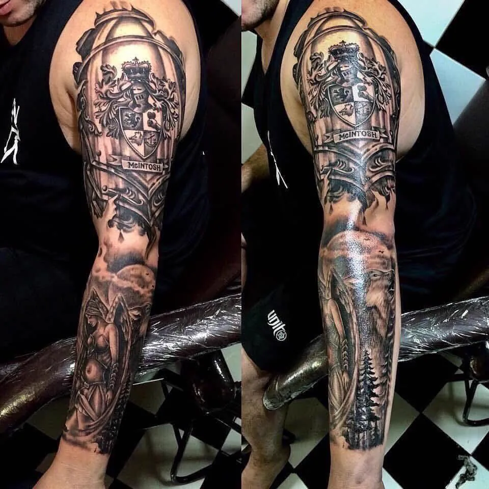 Family Crest and Elephant Realism Full Sleeve Tattoo, Realism tattoo at Bali Family Tattoo Studio, Bali