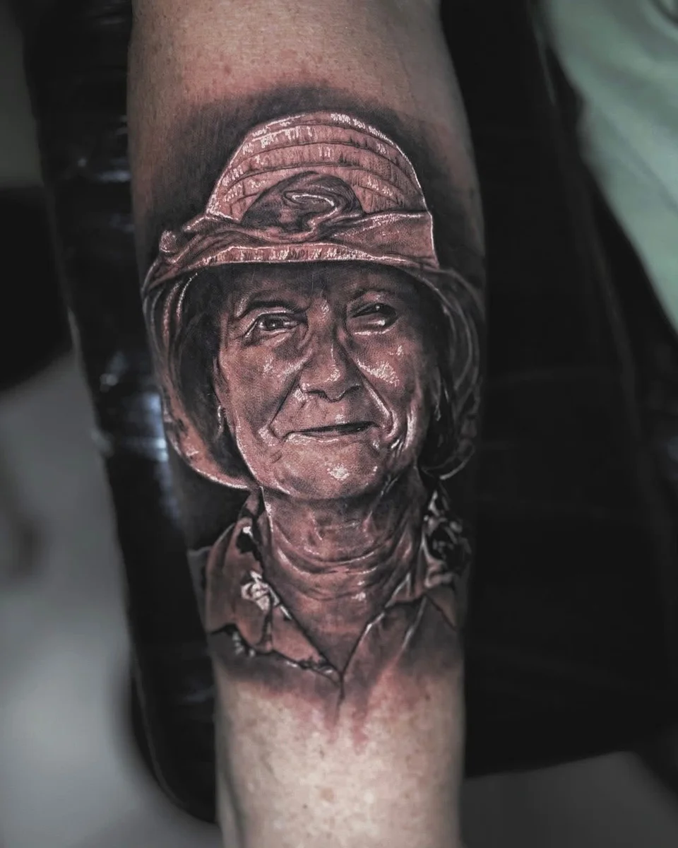 Grandmother Portrait Realism Arm Tattoo, Realism tattoo at Bali Family Tattoo Studio, Bali