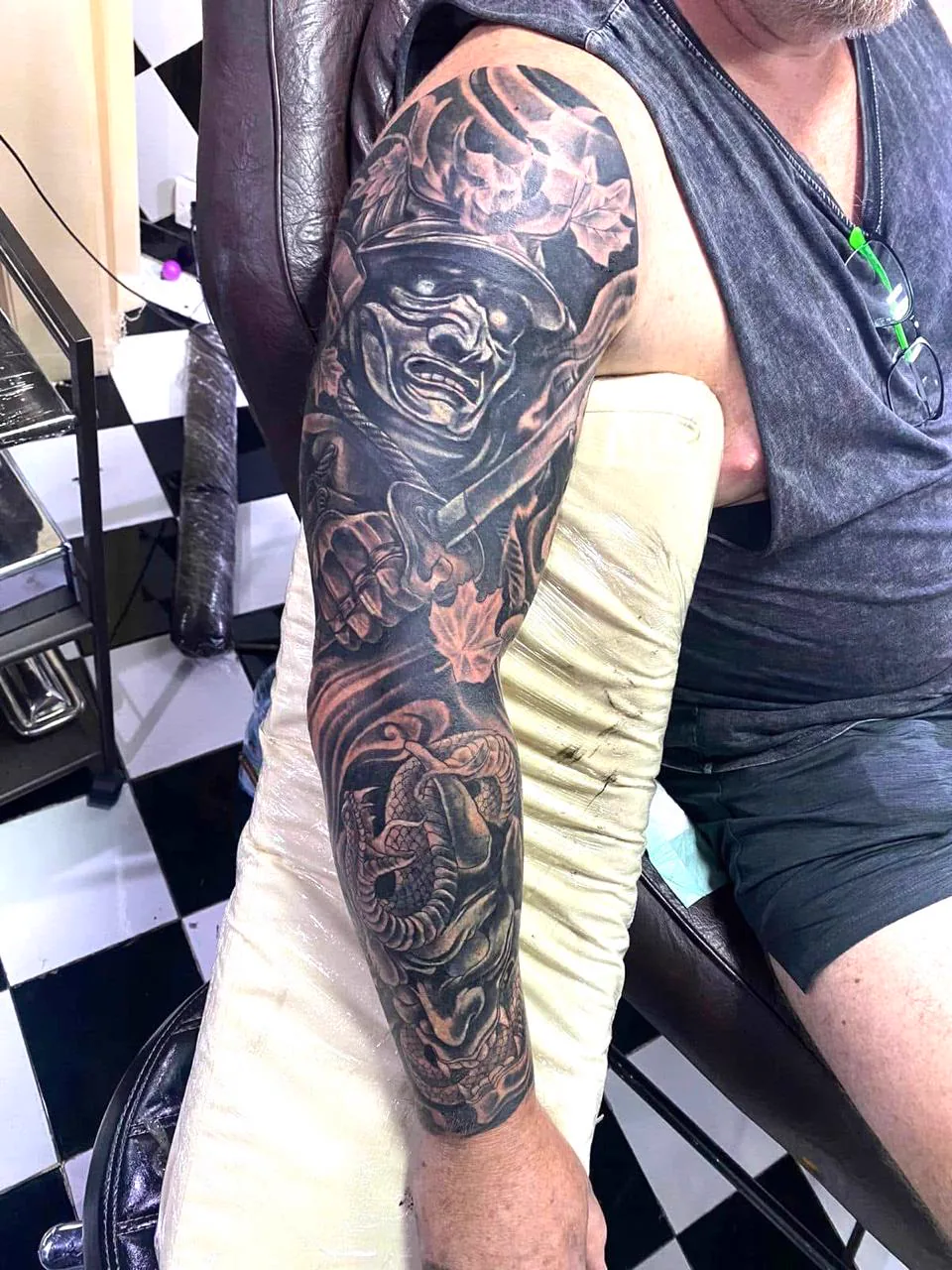 Grim Reaper Skull and Snake Full Sleeve Tattoo, Black & Grey tattoo at Bali Family Tattoo Studio, Bali