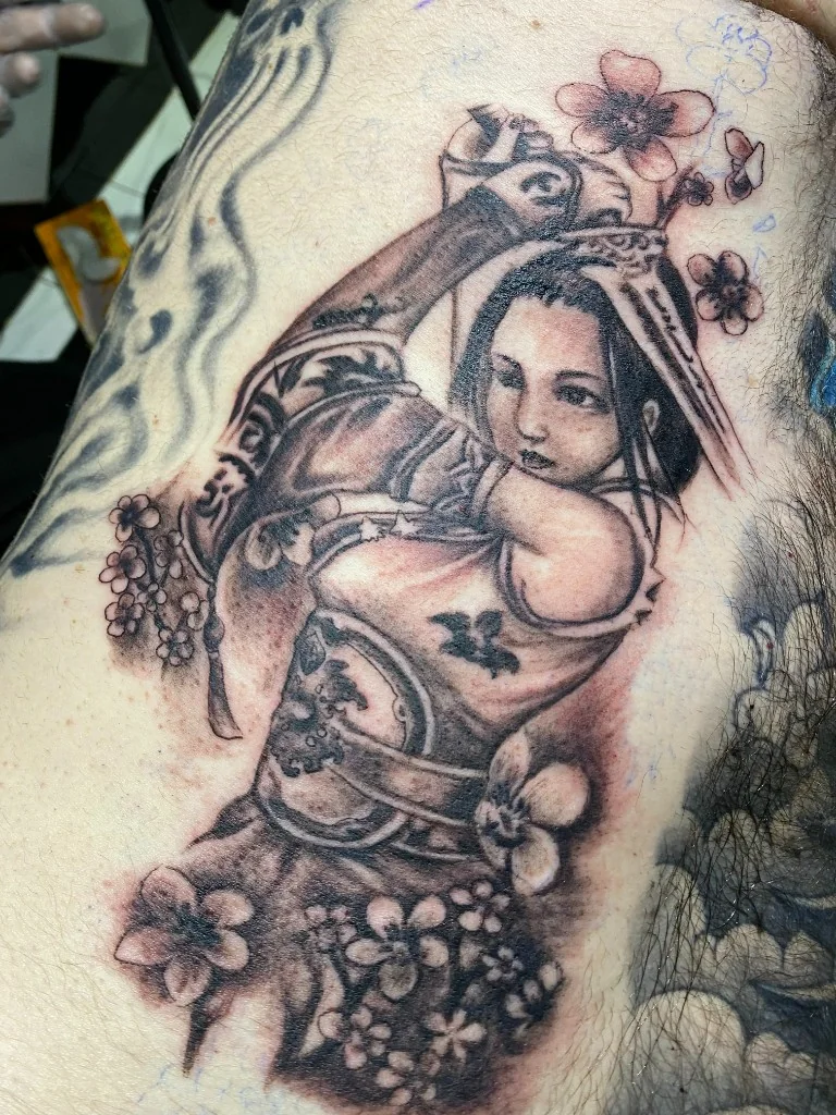 Japanese Geisha Thigh Piece Tattoo — Japanese Traditional tattoo at Bali Family Tattoo Studio, Bali