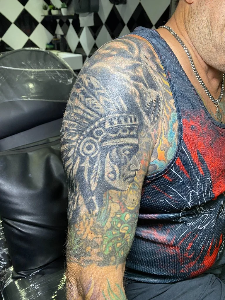 Native Chief Portrait Shoulder Tattoo — Realism tattoo at Bali Family Tattoo Studio, Bali