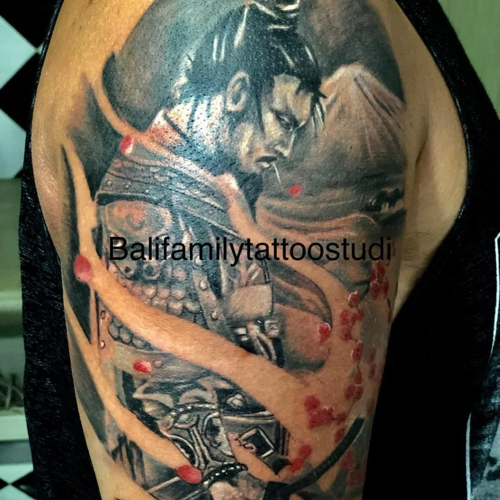 Samurai Black and Grey Upper Arm Tattoo — Japanese Traditional tattoo at Bali Family Tattoo Studio, Bali