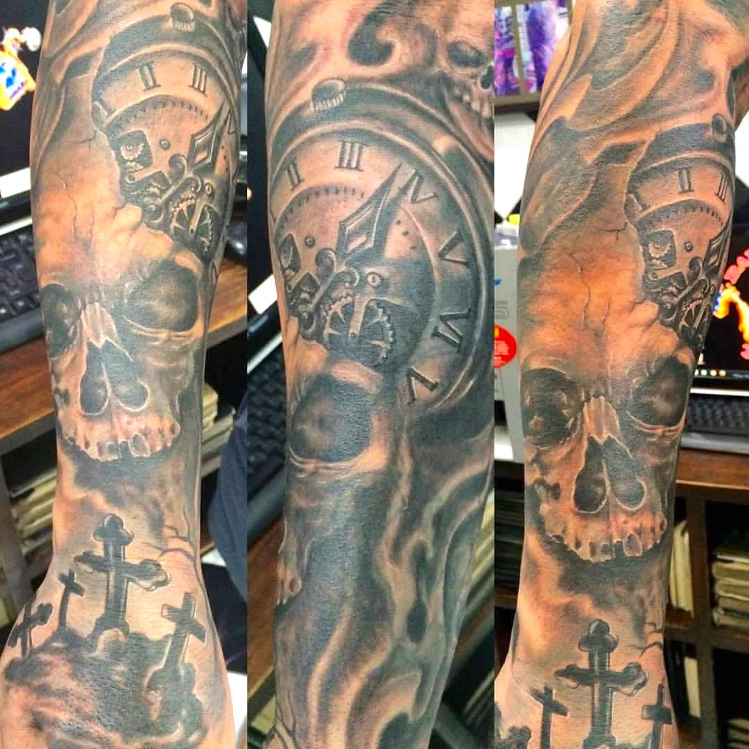 Skull Clock and Graveyard Sleeve Tattoo, Black & Grey tattoo at Bali Family Tattoo Studio, Bali