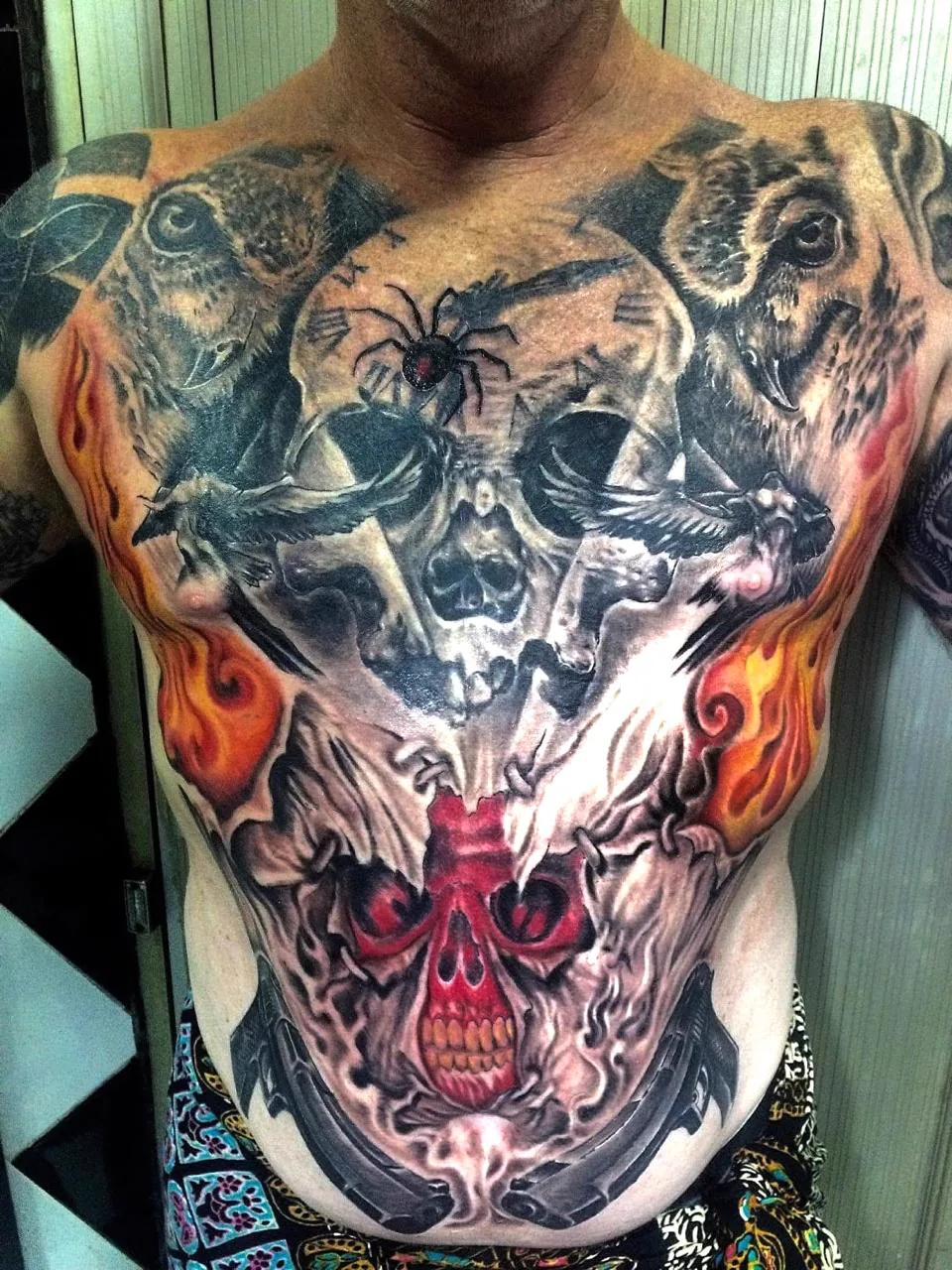 Skull Owls and Flames Full Torso Tattoo, Black & Grey tattoo at Bali Family Tattoo Studio, Bali
