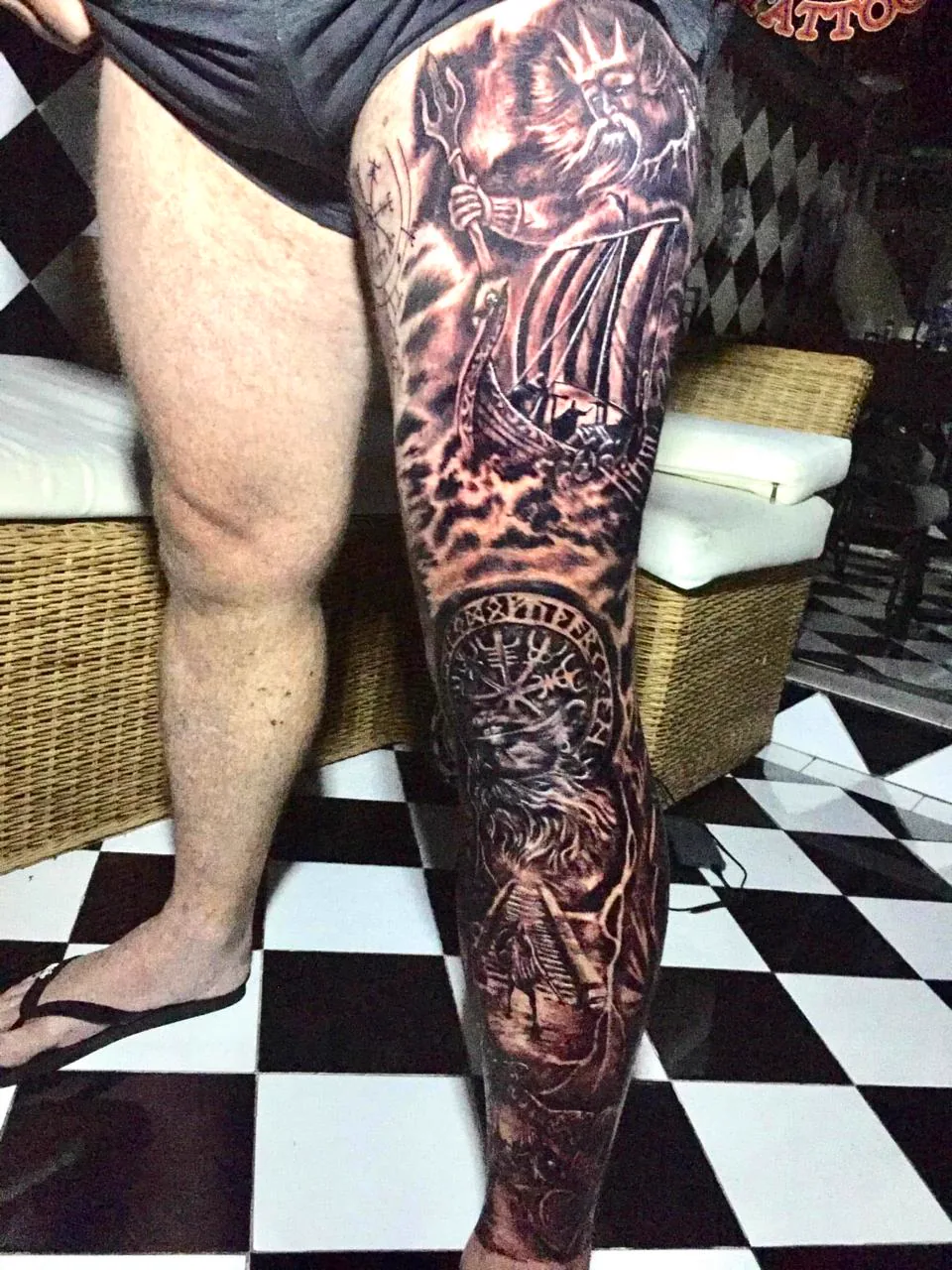 Viking Longship Black and Grey Leg Sleeve Tattoo, Black & Grey tattoo at Bali Family Tattoo Studio, Bali