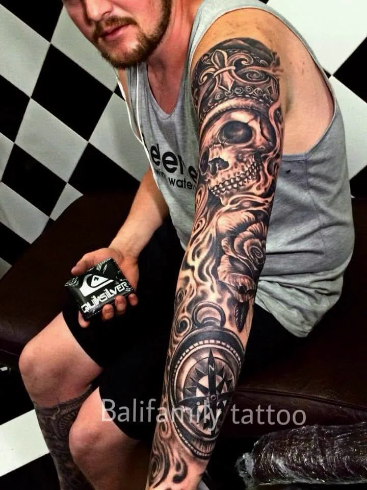 Viking Skull and Compass Full Sleeve Tattoo, Black & Grey tattoo at Bali Family Tattoo Studio, Bali