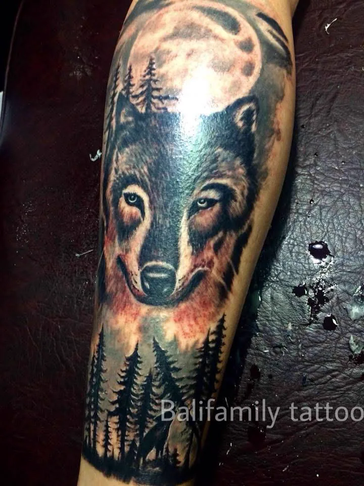 Wolf Moon and Forest Realism Tattoo, Realism tattoo at Bali Family Tattoo Studio, Bali